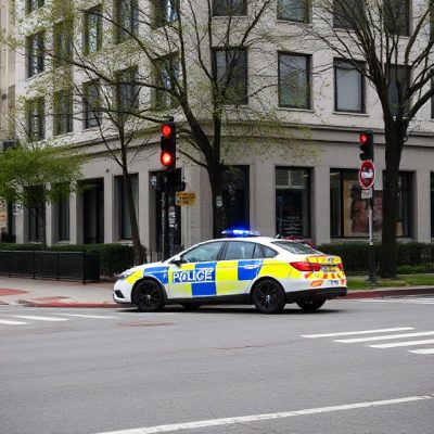 The image shows a police car with flashing blue lights stopped at an intersection with all traffic lights red.