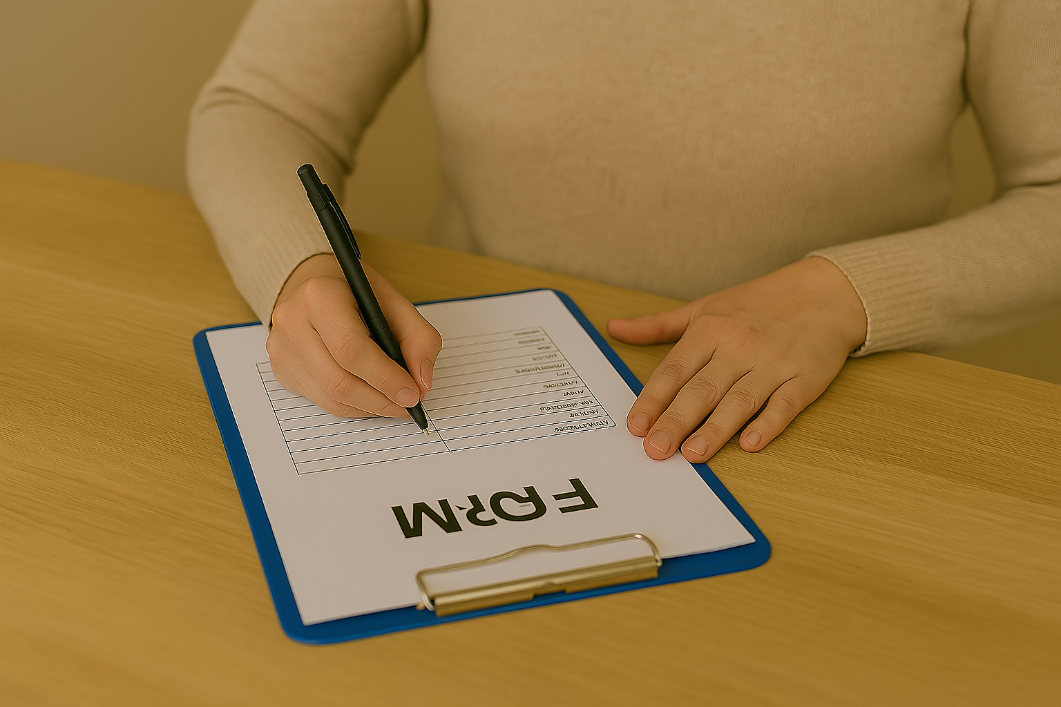 The image depicts a person sitting at a desk, carefully filling out a form with a pen. Their hand is positioned over the paper, showing a sense of focus and detail.