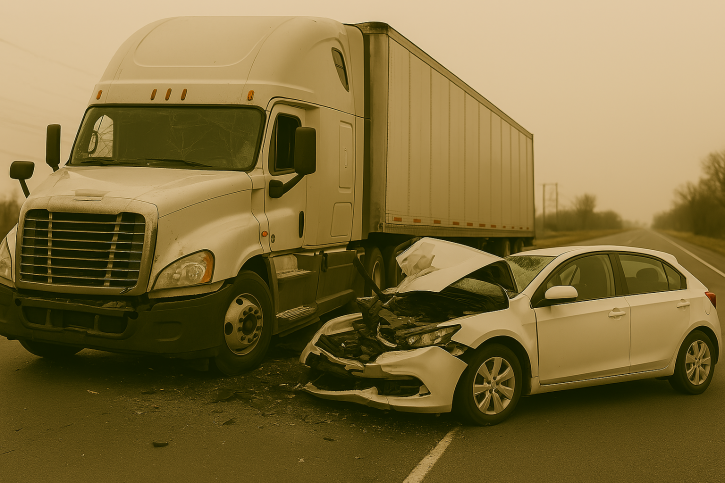 The image shows a semi-truck involved in an accident. The truck appears damaged, with visible signs of impact on the front or side.