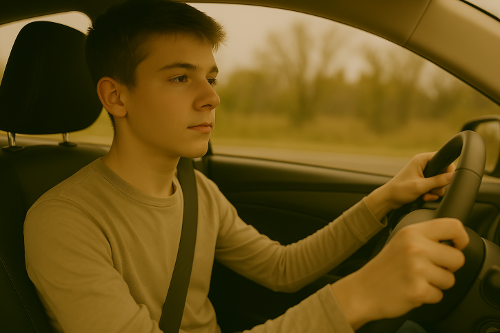 The image depicts a teenage driver behind the wheel of a car, demonstrating concentration and awareness while navigating the road.