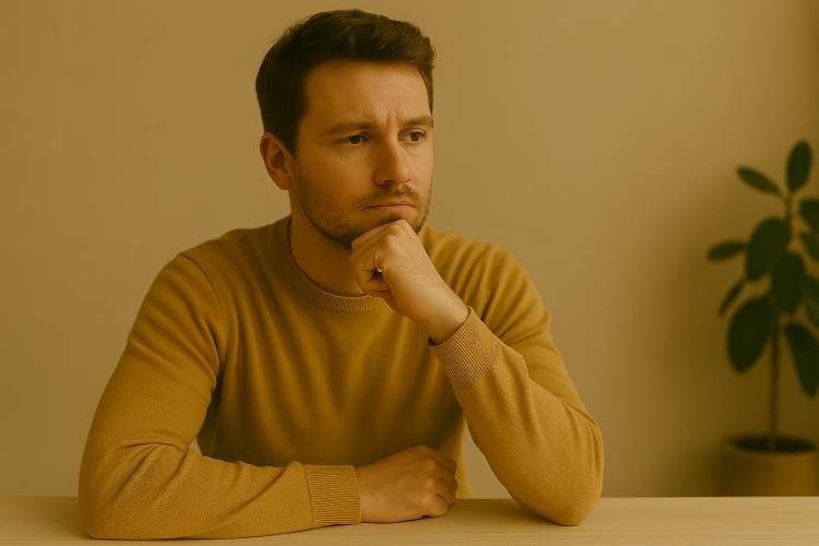 The image shows a person seated at a table, deep in thought. Their posture suggests contemplation, with one hand possibly resting on their chin or forehead.