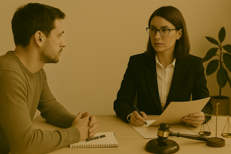 The image depicts a person sitting with a lawyer in a professional setting. The lawyer appears engaged, possibly reviewing documents or offering advice, while the other person listens attentively.