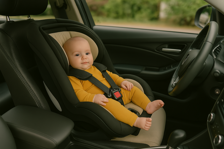 A baby sitting in a car seat.