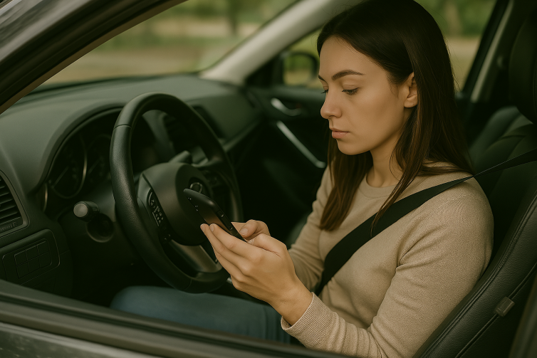 The image depicts a woman driving a car while texting on her phone. One hand is on the steering wheel while the other holds the phone, showing her distraction.