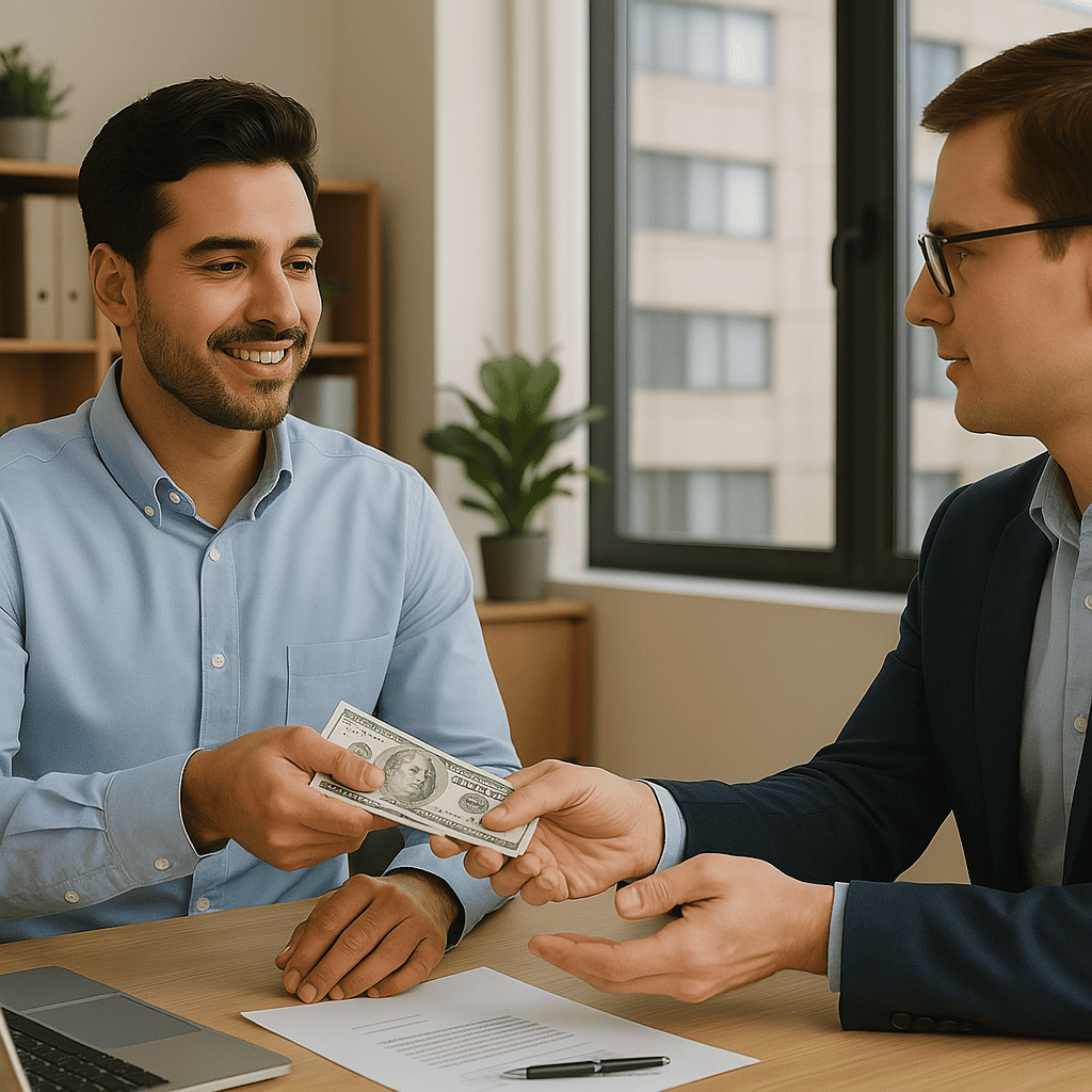 The image depicts a scene inside an office where one man is handing money to another. The setting includes typical office elements like desks, chairs, and possibly documents or a computer in the background.