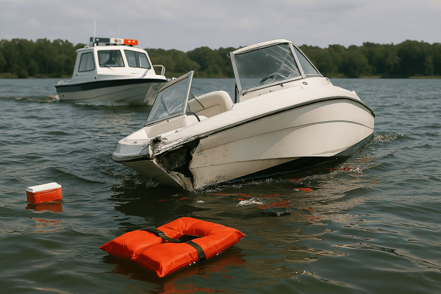 The image depicts a boating accident scene. A damaged boat is partially submerged or stranded, with visible signs of impact or distress.