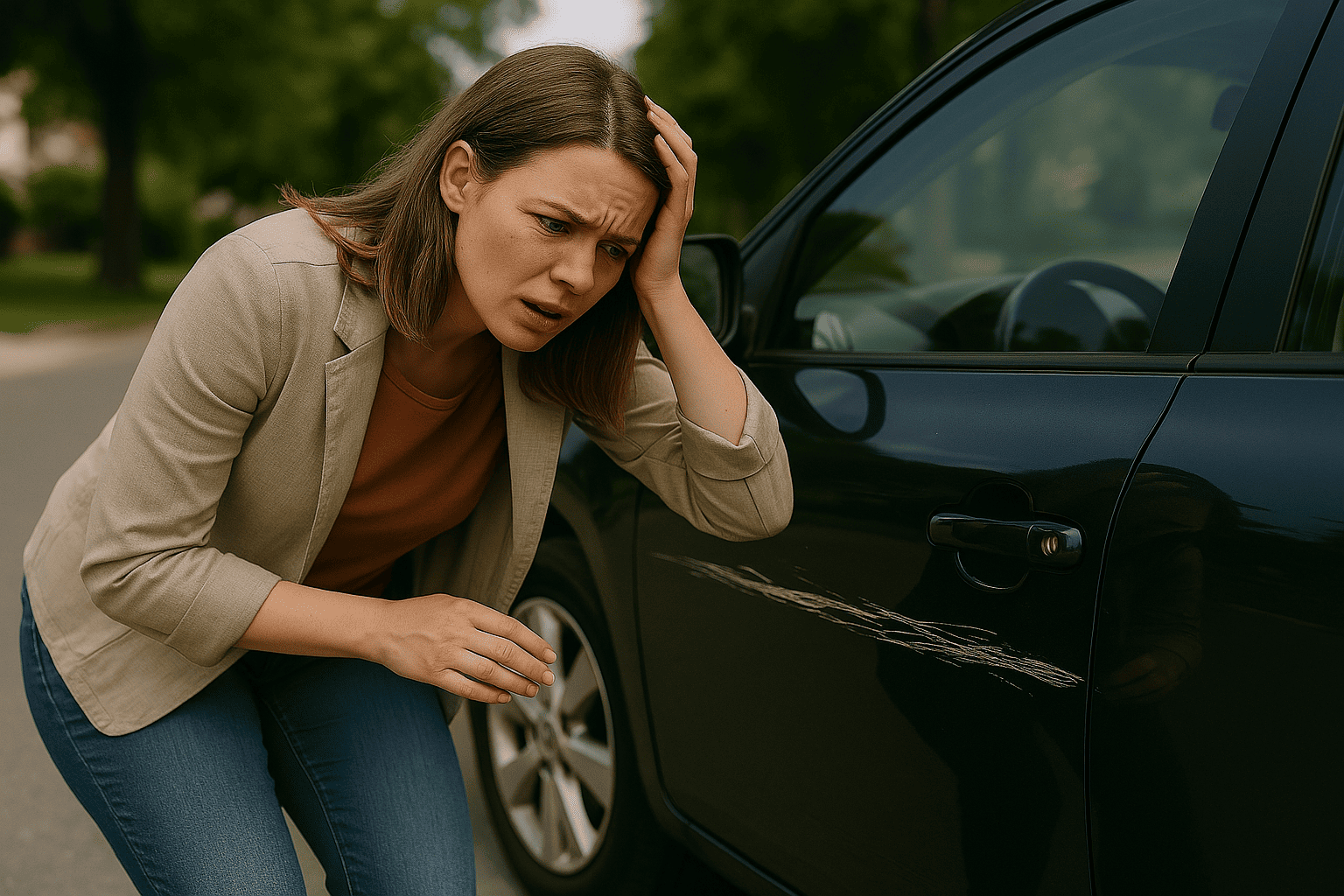 The image shows a woman reacting to scratches on her car. She appears concerned or frustrated as she inspects the damage, possibly running her fingers over the affected area.