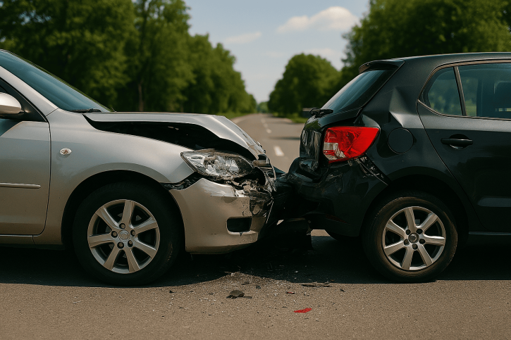 The image depicts a car accident scene. Two vehicles have collided, showing visible damage such as dents, broken glass, or deployed airbags.