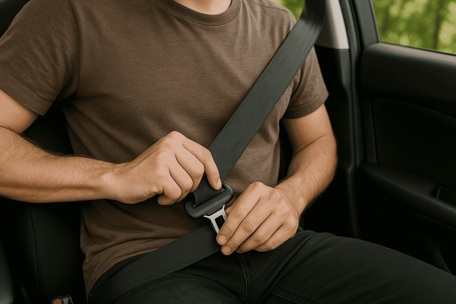 Person in a brown t-shirt fastening a seatbelt in a car’s front seat, emphasizing vehicle safety.