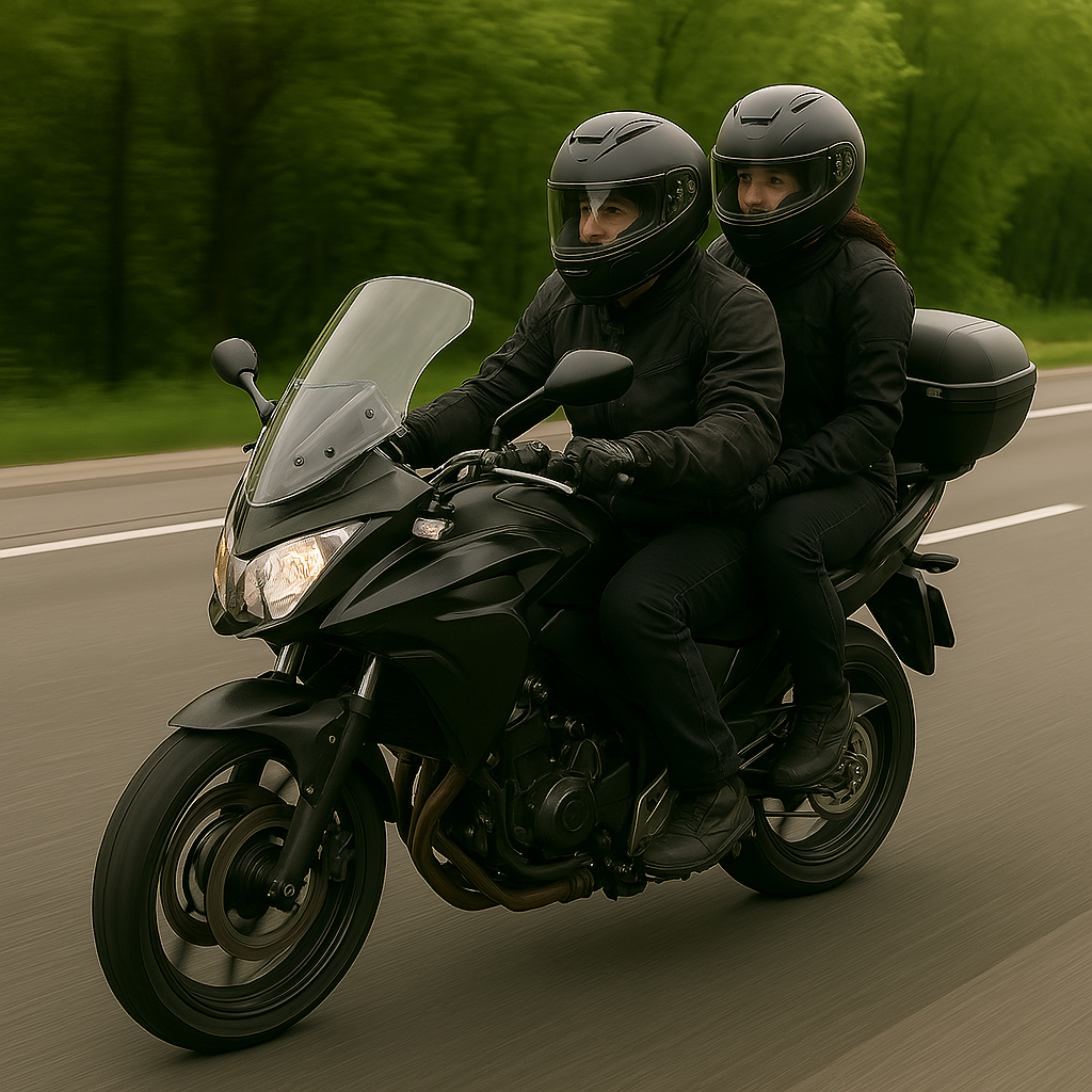 Two people riding a motorcycle on the highway