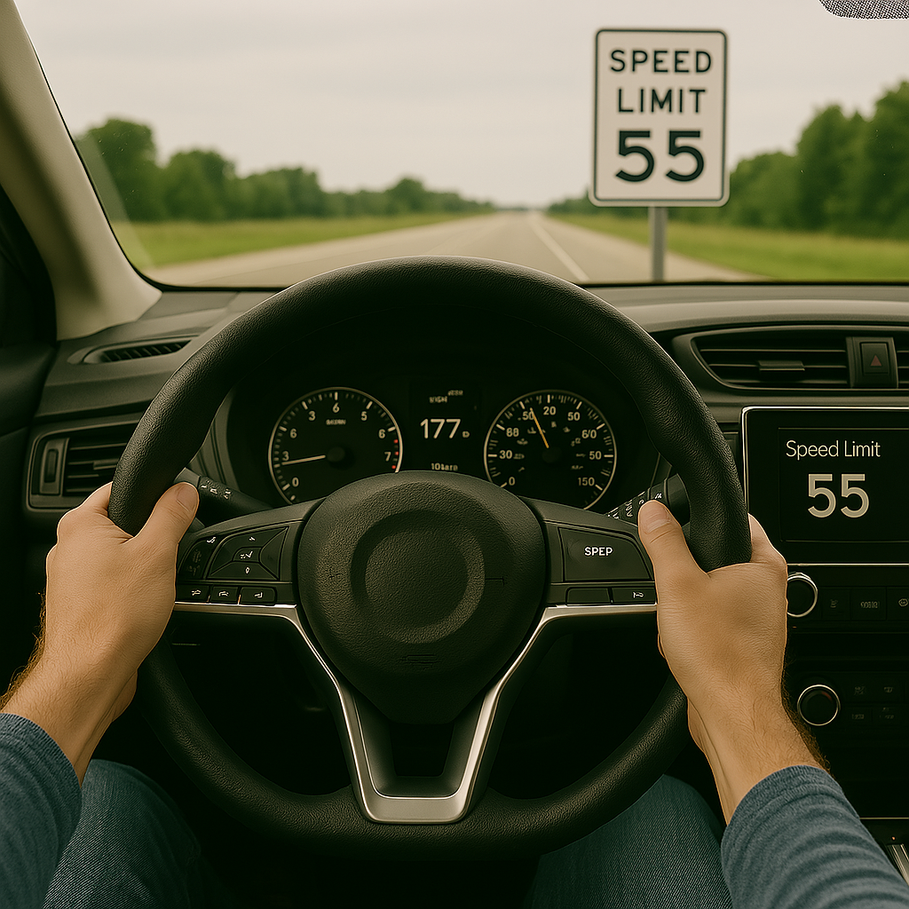 Arms on steering wheel with speed limit inside car