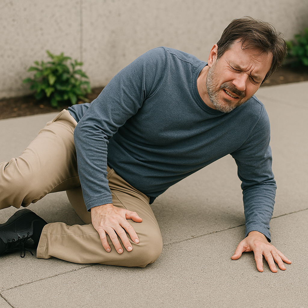 The image depicts an adult man lying on the ground. His posture suggests an unexpected fall, with his limbs positioned in a way that indicates either injury or disorientation.