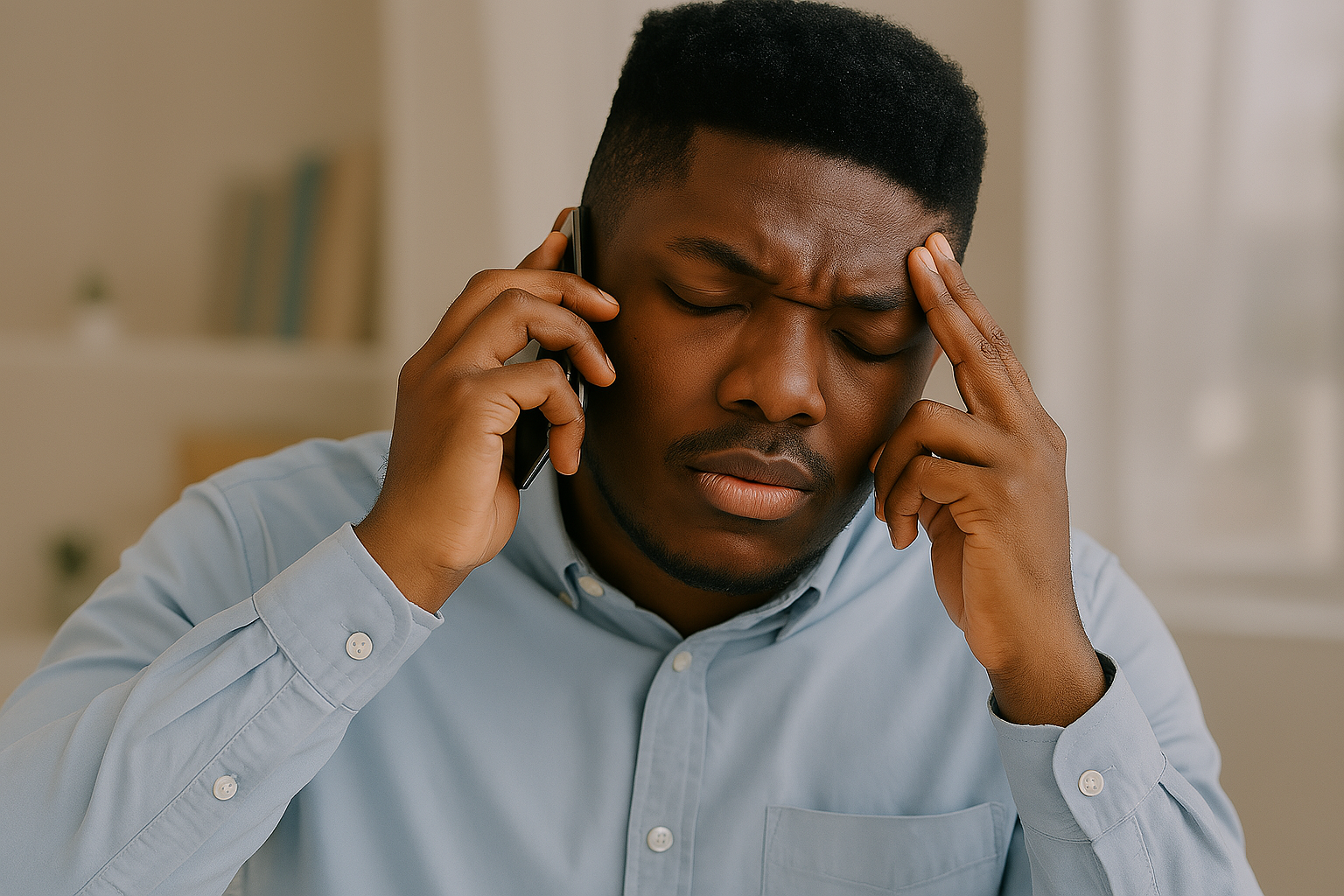 The image shows a person wearing a light blue button-up shirt, holding a phone to their ear with one hand and touching their head with the other.