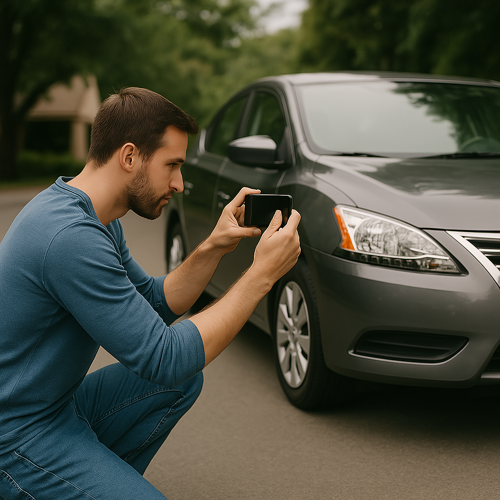 A man taking a photo of a car with his cell phone