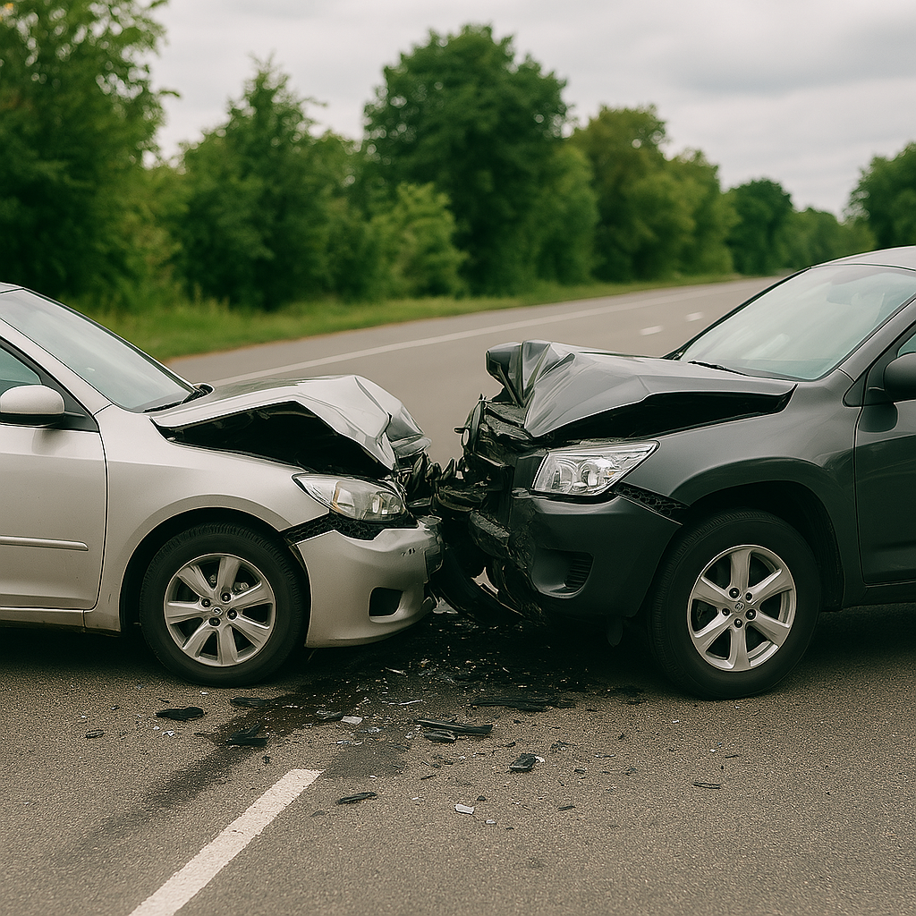 The image shows a vehicle that has been severely damaged in an accident. The car appears to have dents, scratches, and possibly broken components, indicating a strong impact.
