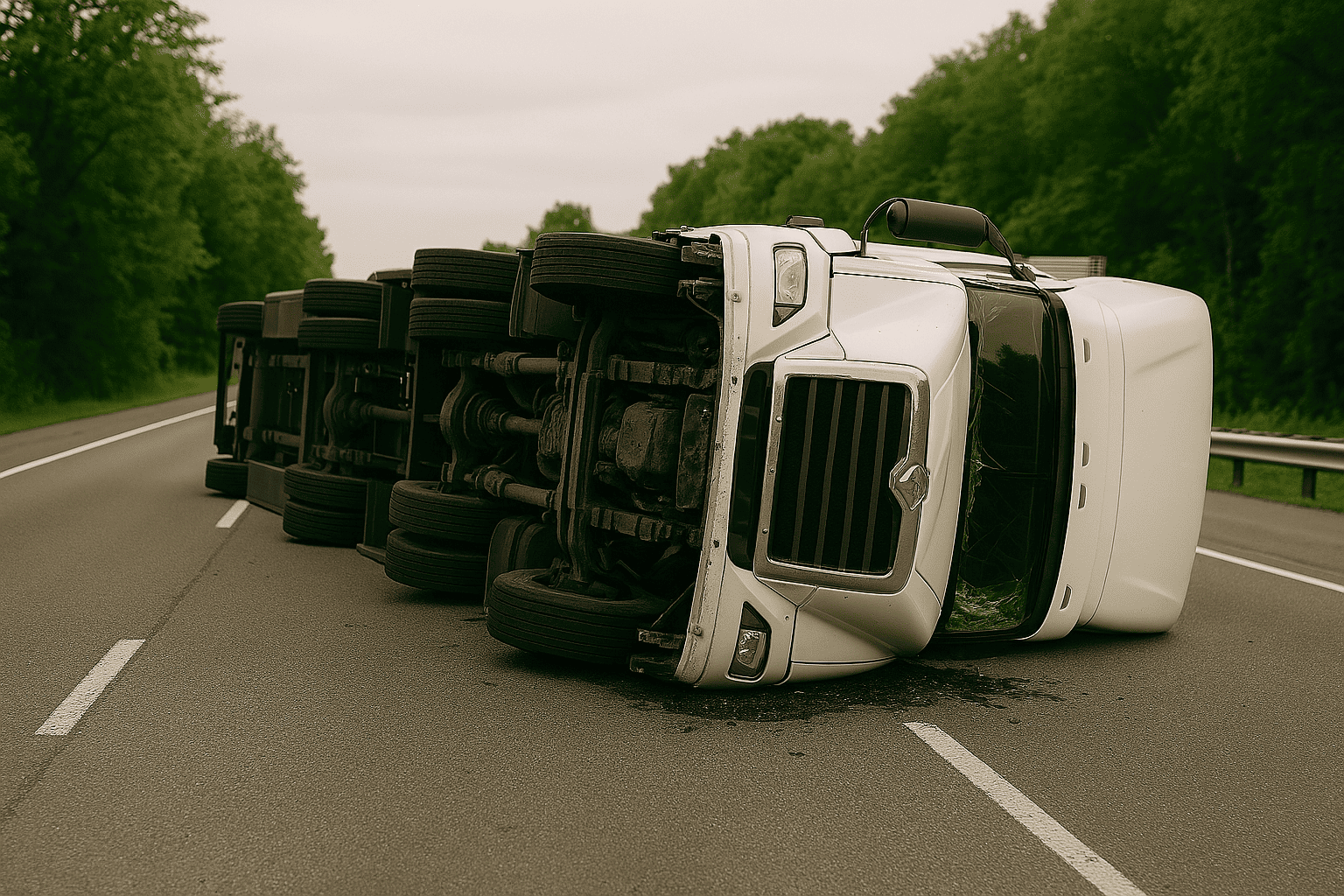 The image depicts a large truck flipped onto its side on a highway. The vehicle appears heavily damaged, with visible dents and debris scattered around the accident scene.