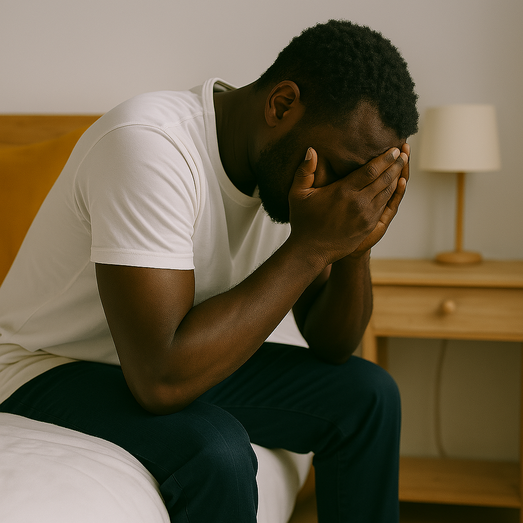 The image depicts a person sitting on a bed, leaning forward with elbows resting on their knees and hands covering their face
