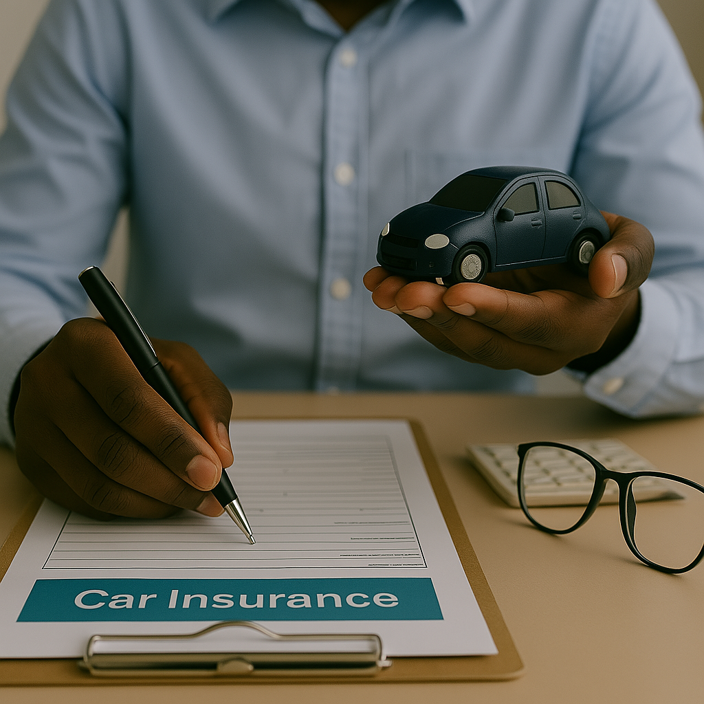 The image shows a person holding a small toy car in one hand and a pen in the other while filling out a form labeled "Car Insurance."