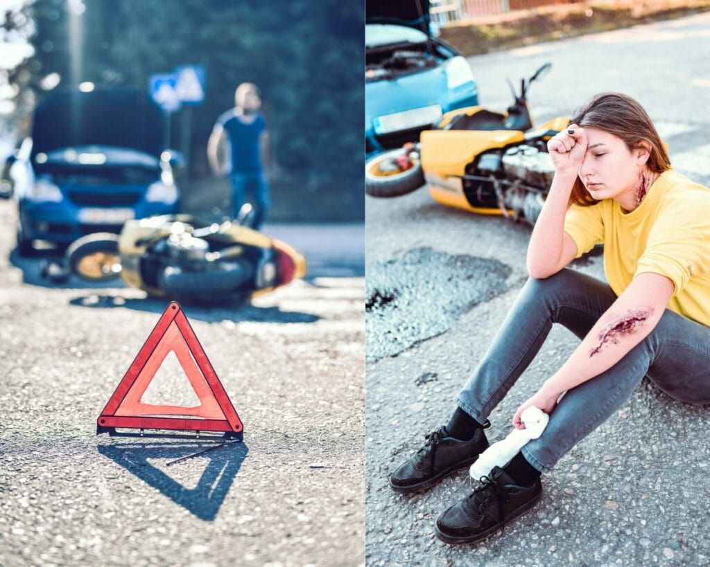 Two pictures of a woman sitting on the ground next to a motorcycle accident.
