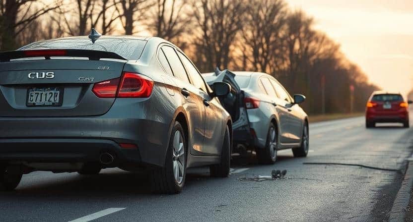 Rear-end collision between two gray sedans on a tree-lined road; visible damage and debris near the impact zone.