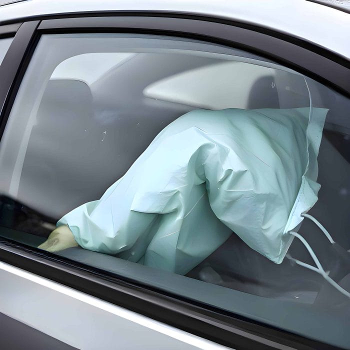 A side airbag is fully inflated inside a car, seen through the window. The scene suggests a recent side impact and highlights safety features in action.