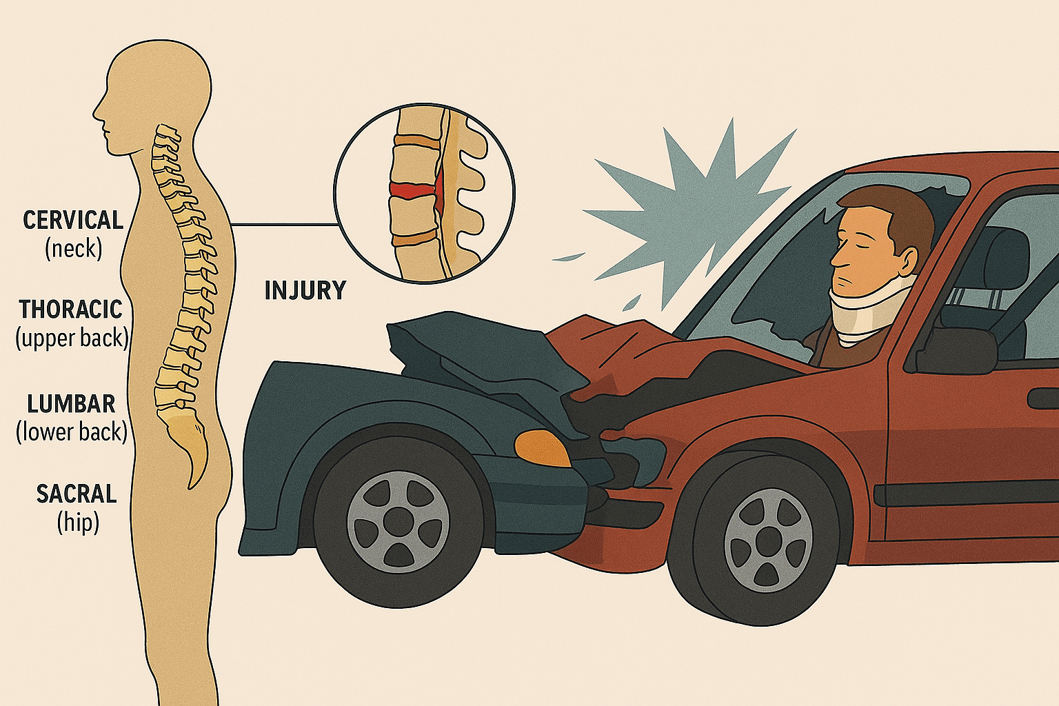 Person with neck brace after car crash, with diagram showing cervical spine injury