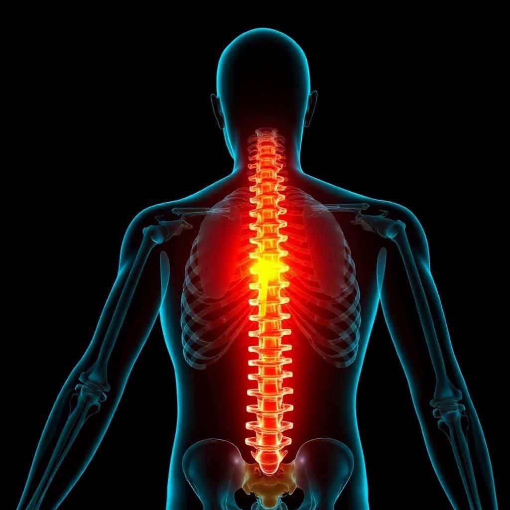Rear view of human figure with spine highlighted in red and yellow tones