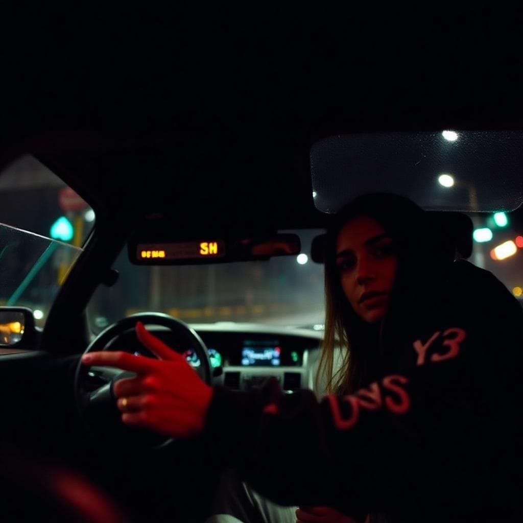 Person in hoodie driving at night, dashboard and streetlights visible