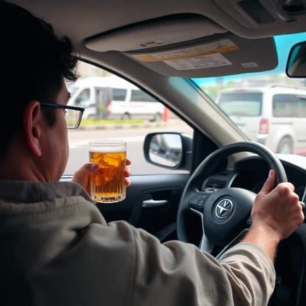 Person in driver’s seat holding a drink while parked, with traffic visible outside