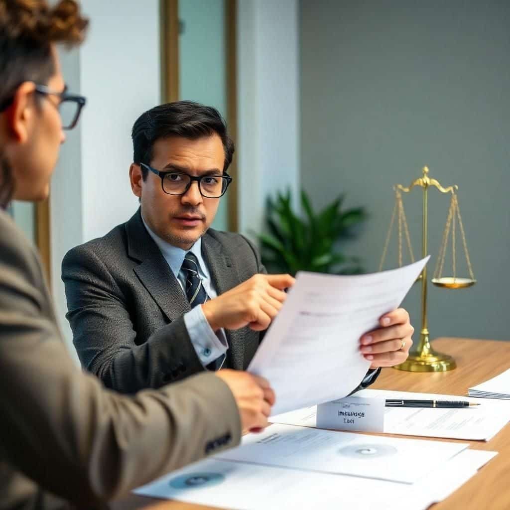 Two men in suits discussing a document in a professional office with legal materials