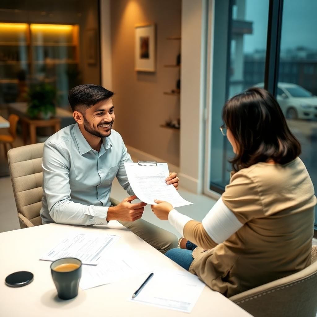 Two professionals seated at a table discussing documents in a modern office.