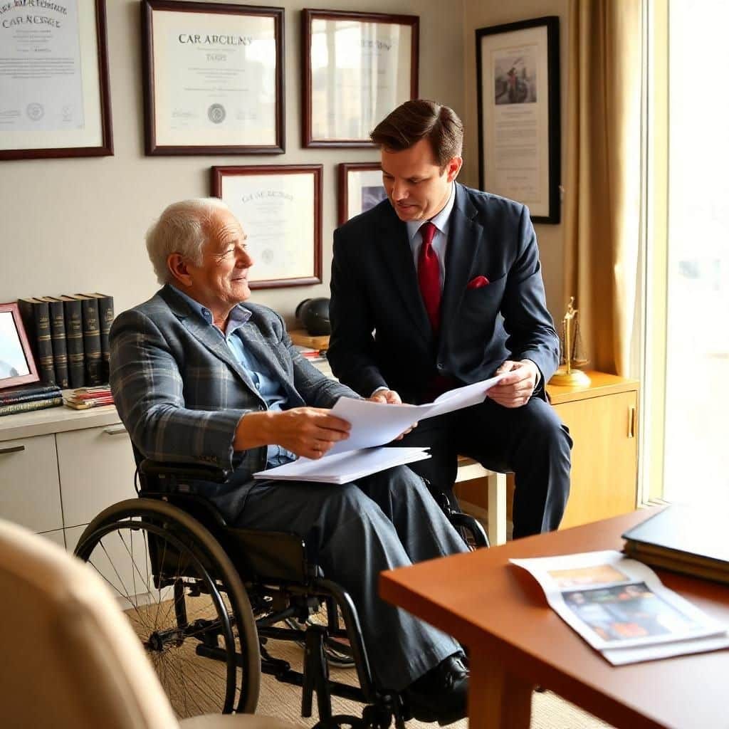 Two professionals in an office, one seated in a wheelchair, discussing documents