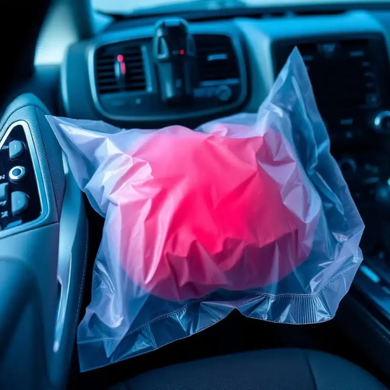 Deployed passenger airbag inside a vehicle, with dashboard and console visible