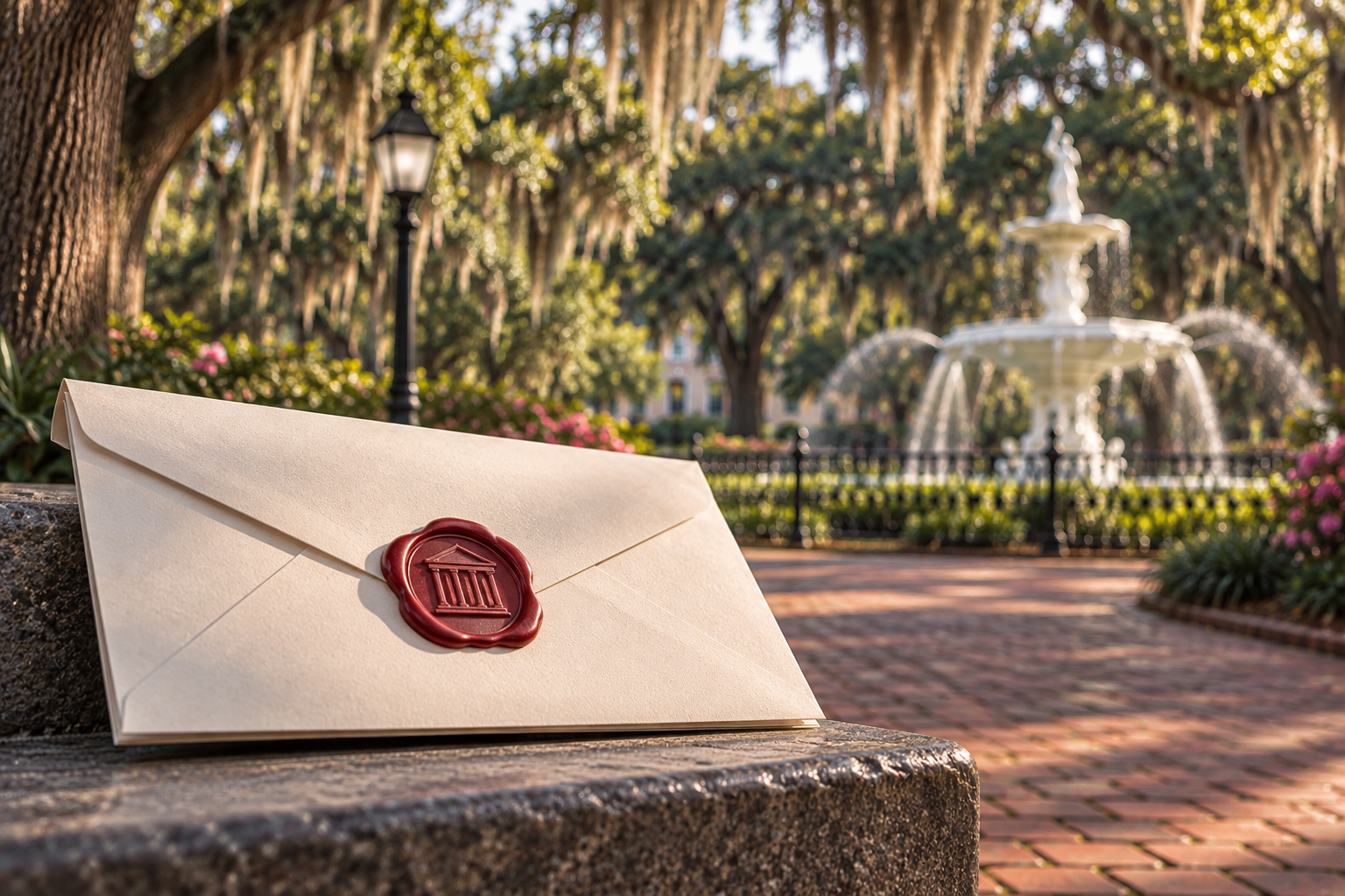 Sealed legal notice envelope with a courthouse wax seal in a Savannah, Georgia park, representing municipal personal injury claims.