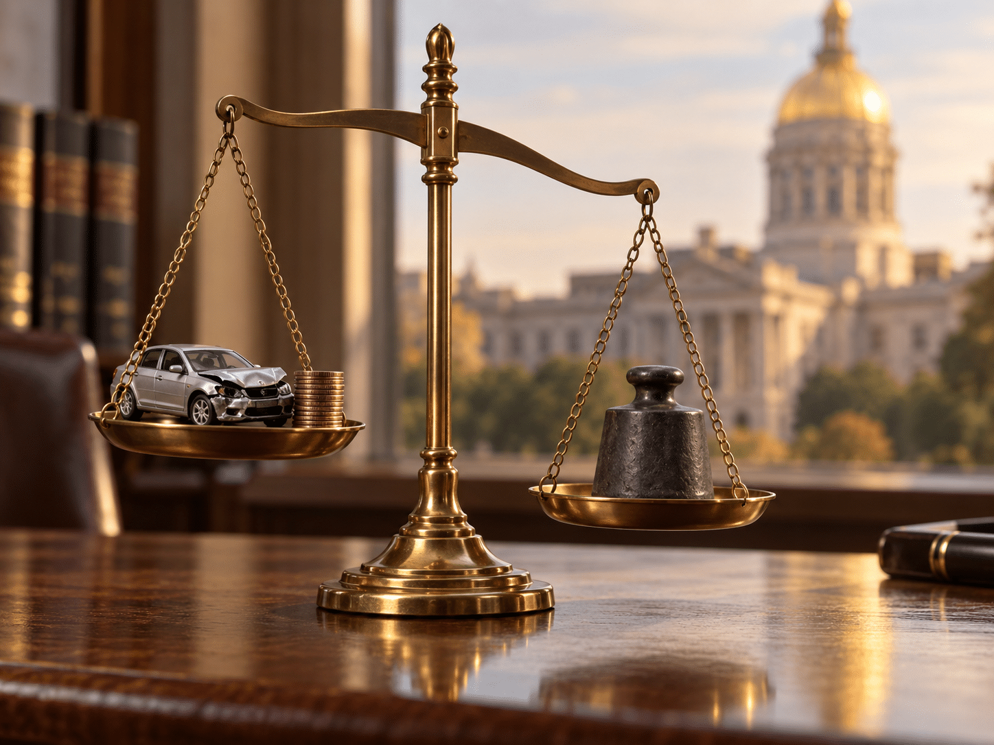 Scales of justice balancing a damaged car and coins, representing Georgia’s modified comparative negligence law and shared fault in car accident claims.