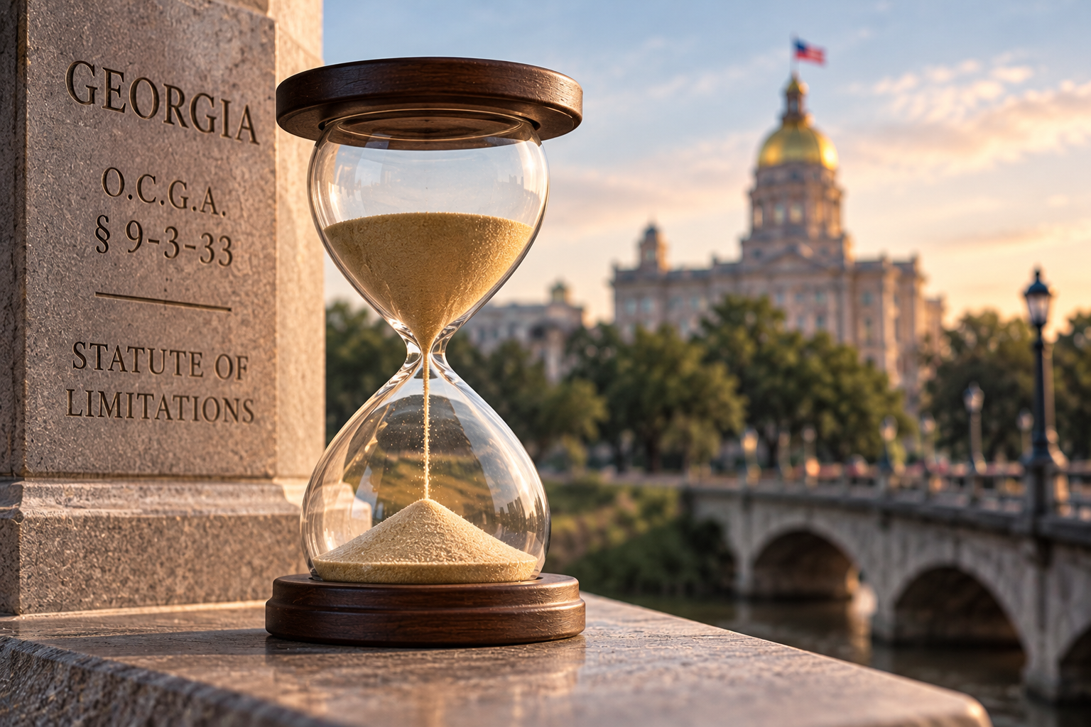 Hourglass representing Georgia’s statute of limitations for personal injury claims under O.C.G.A. § 9-3-33, with the Georgia State Capitol in the background.