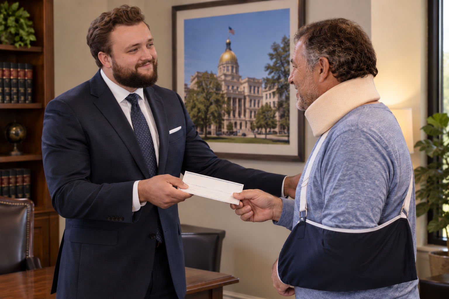 Personal injury attorney handing a settlement check to an injured client wearing a neck brace and arm sling at a law office in Savannah, Georgia.