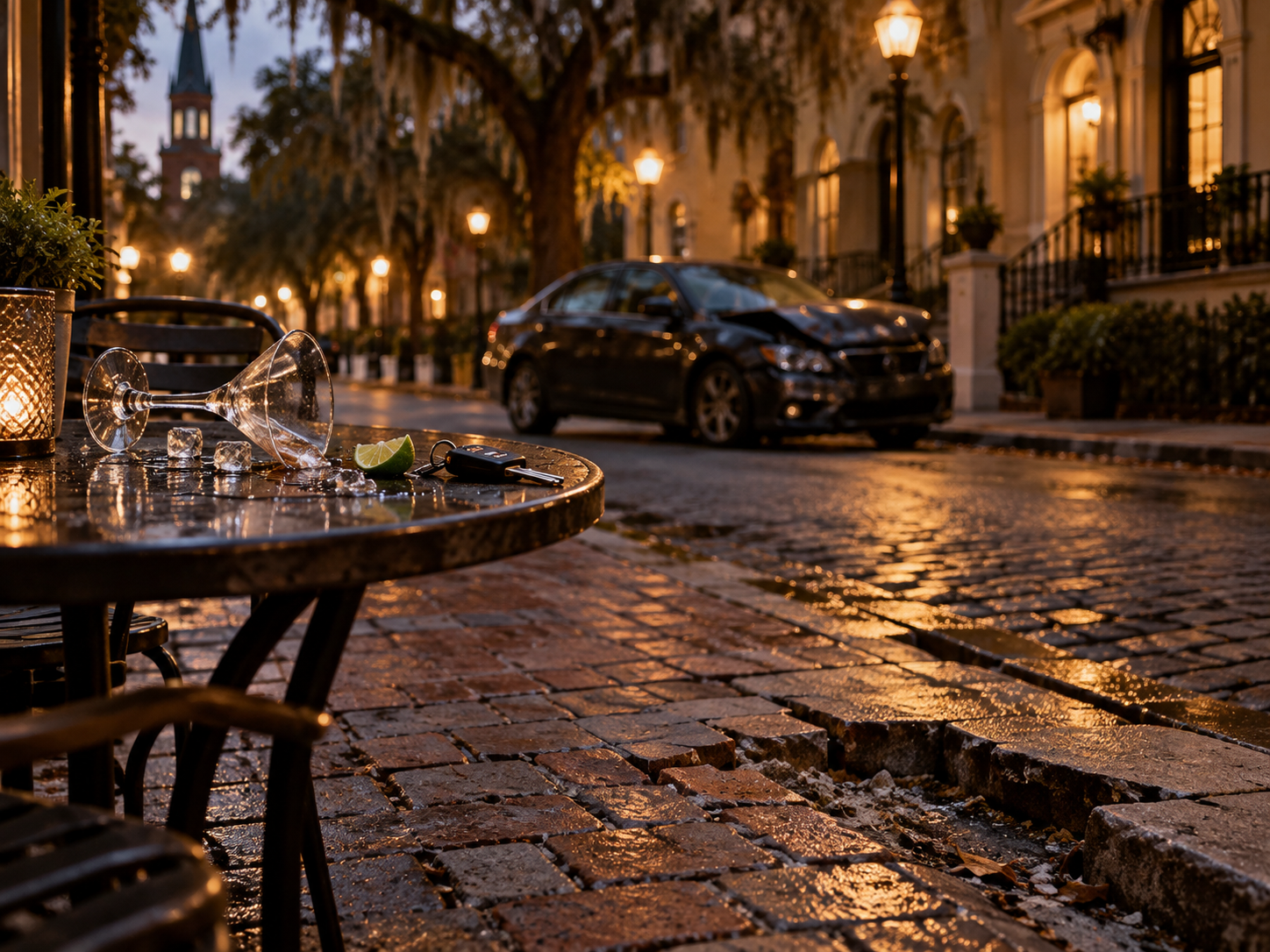 Damaged car on a Savannah, Georgia street at night, with a spilled cocktail and car keys representing public intoxication and accident liability.