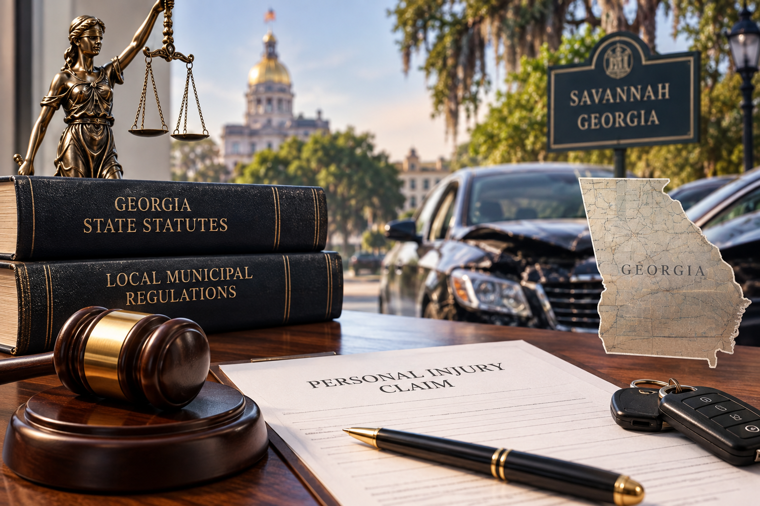Georgia personal injury and car accident law concept featuring legal statutes, municipal regulations, a judge’s gavel, and a damaged vehicle in Savannah, GA.
