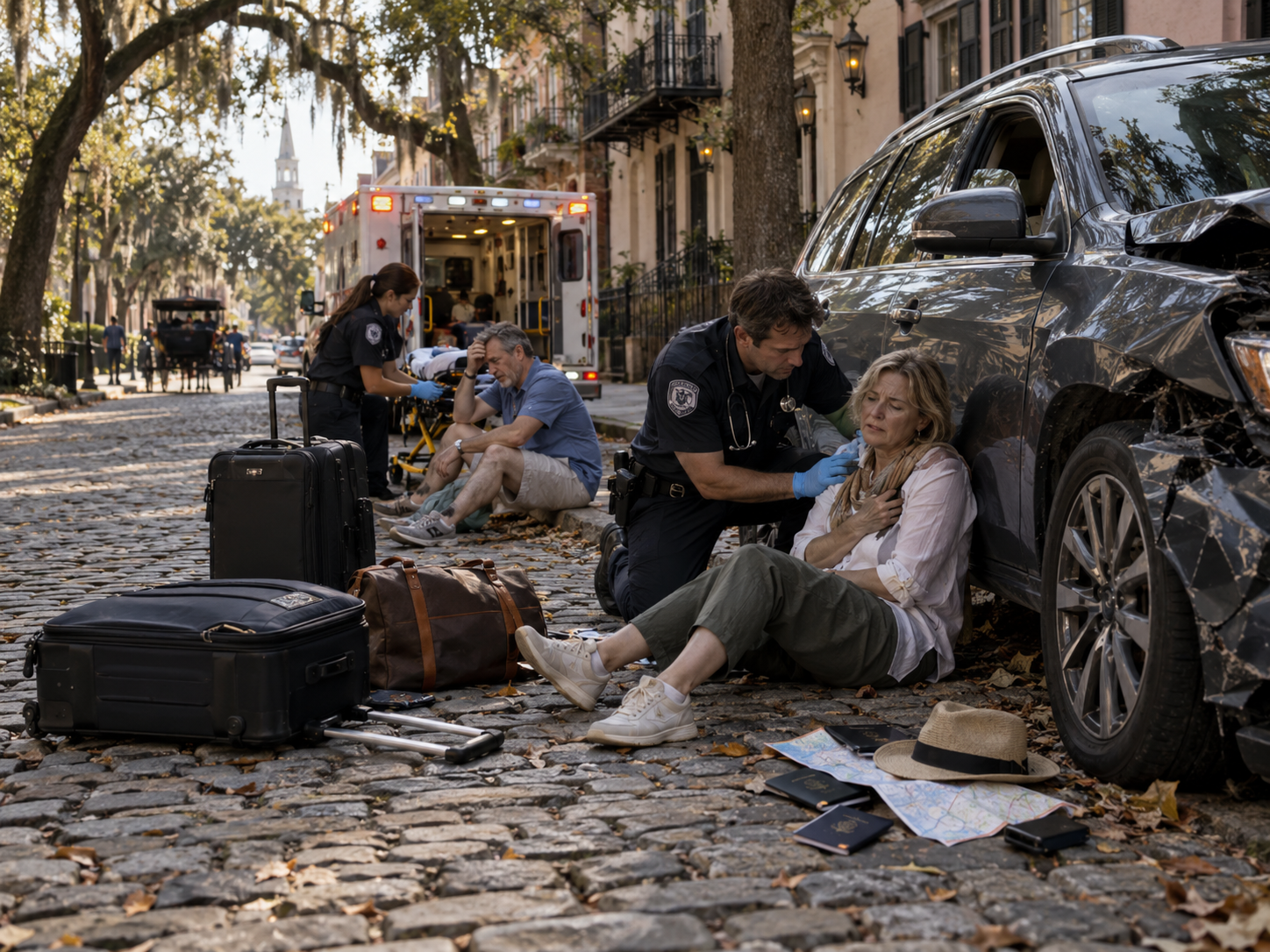 Paramedics assisting injured tourists after a car accident in Savannah, Georgia, with suitcases, passports, and travel belongings scattered on a cobblestone street.