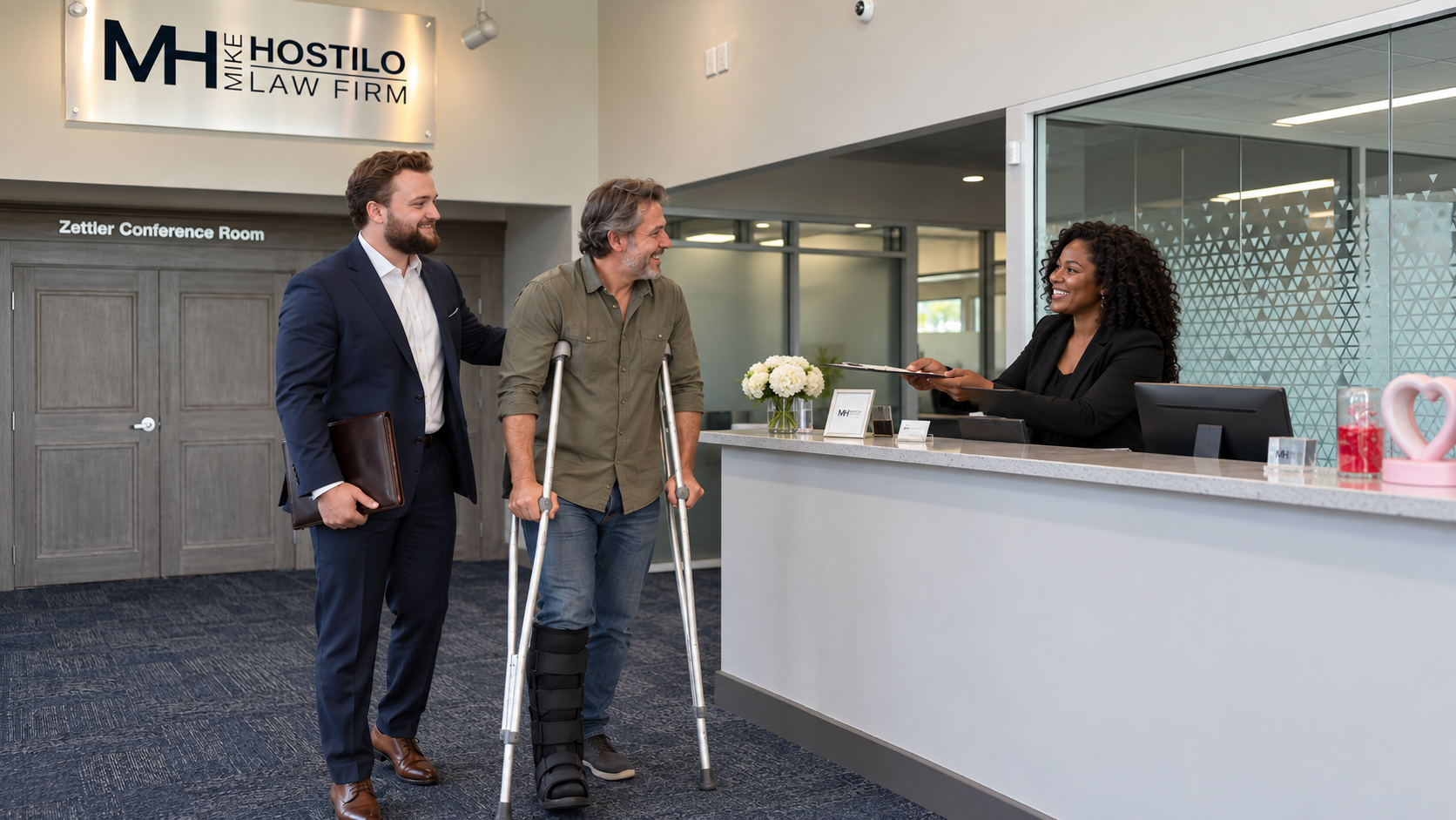 Personal injury attorney welcoming an injured client with crutches and a walking boot at a Savannah, Georgia law office reception desk.