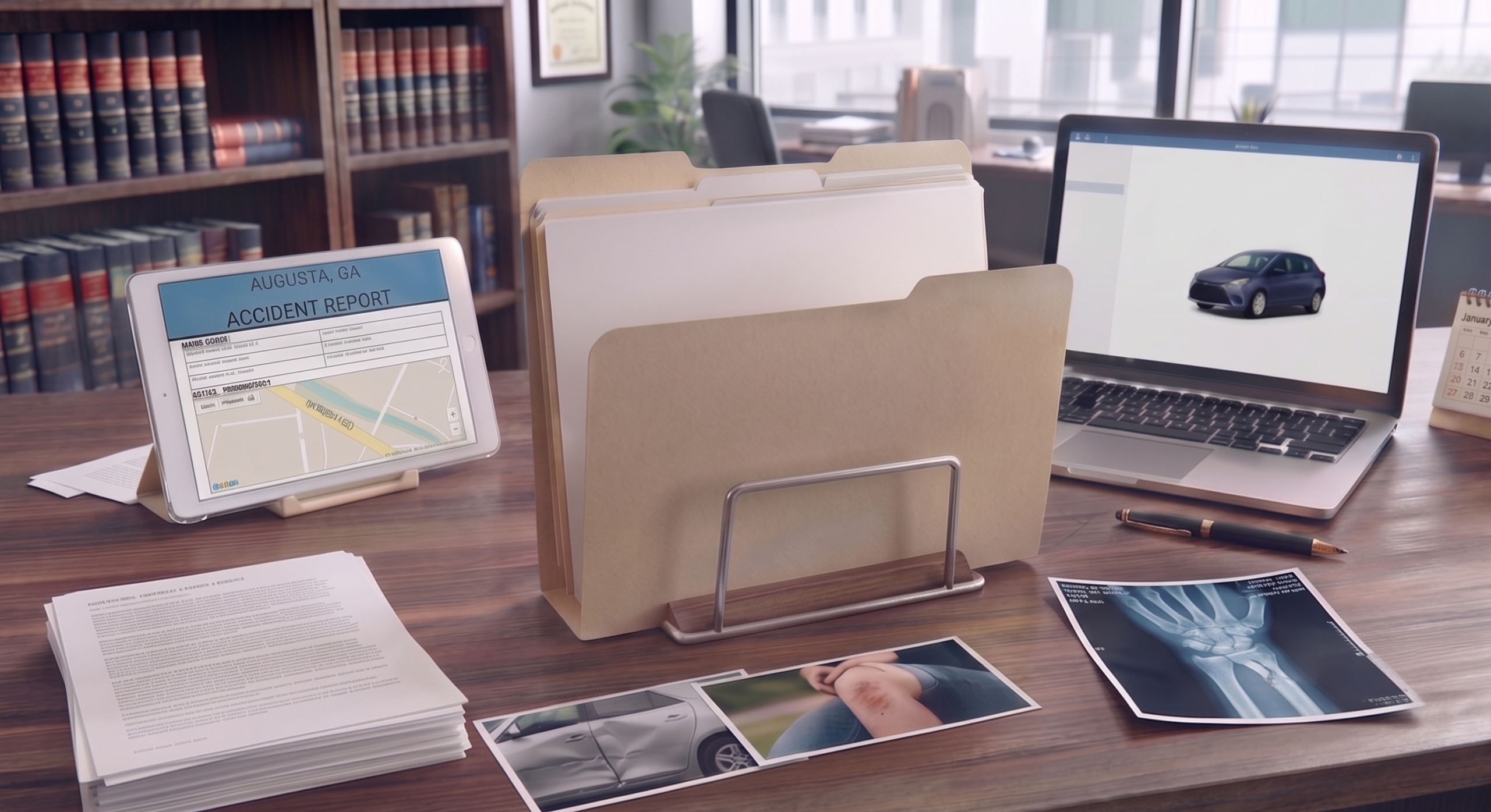 A detailed shot of a professional desk cluttered with legal and medical case files. In the foreground, there are stacks of paper, an X-ray print, and three photographs showing car damage, a scraped knee, and a hand. In the background, a tablet shows an accident report from Augusta, GA, and a laptop displays a vehicle image.