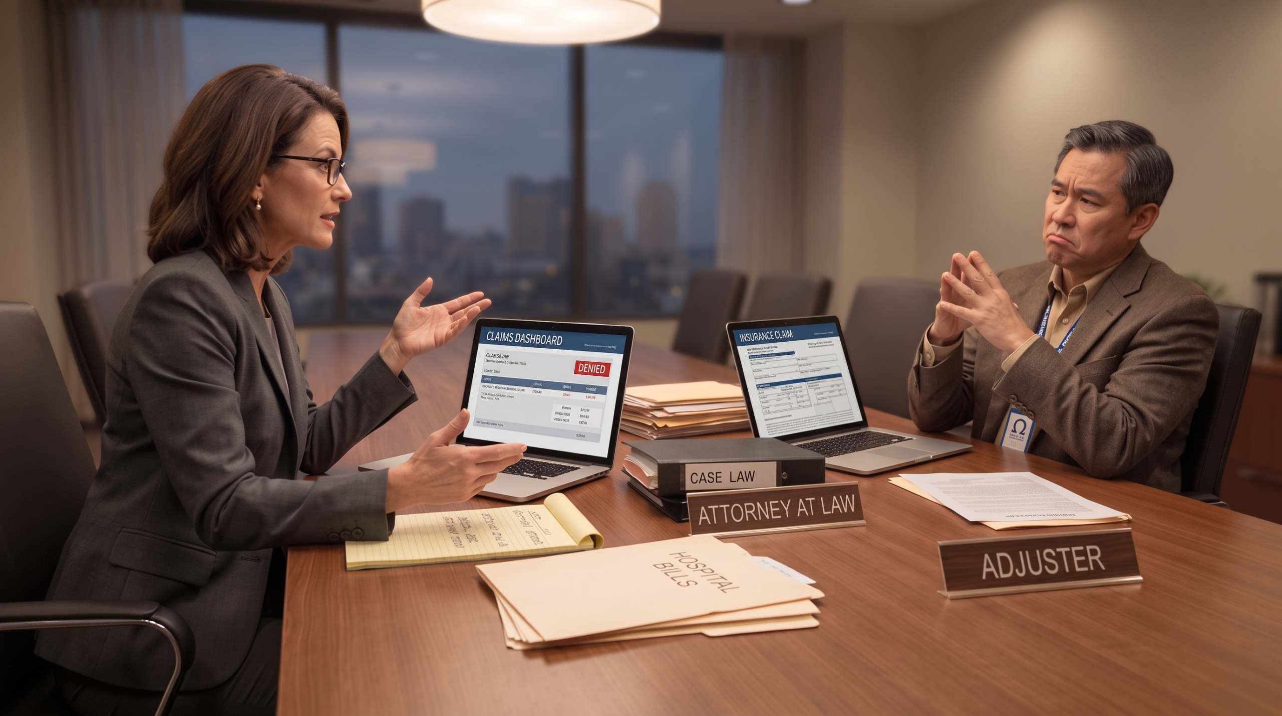 An attorney and an insurance adjuster sit across a conference table, with open laptops displaying claim information and a stack of "HOSPITAL BILLS" folders indicating a dispute.