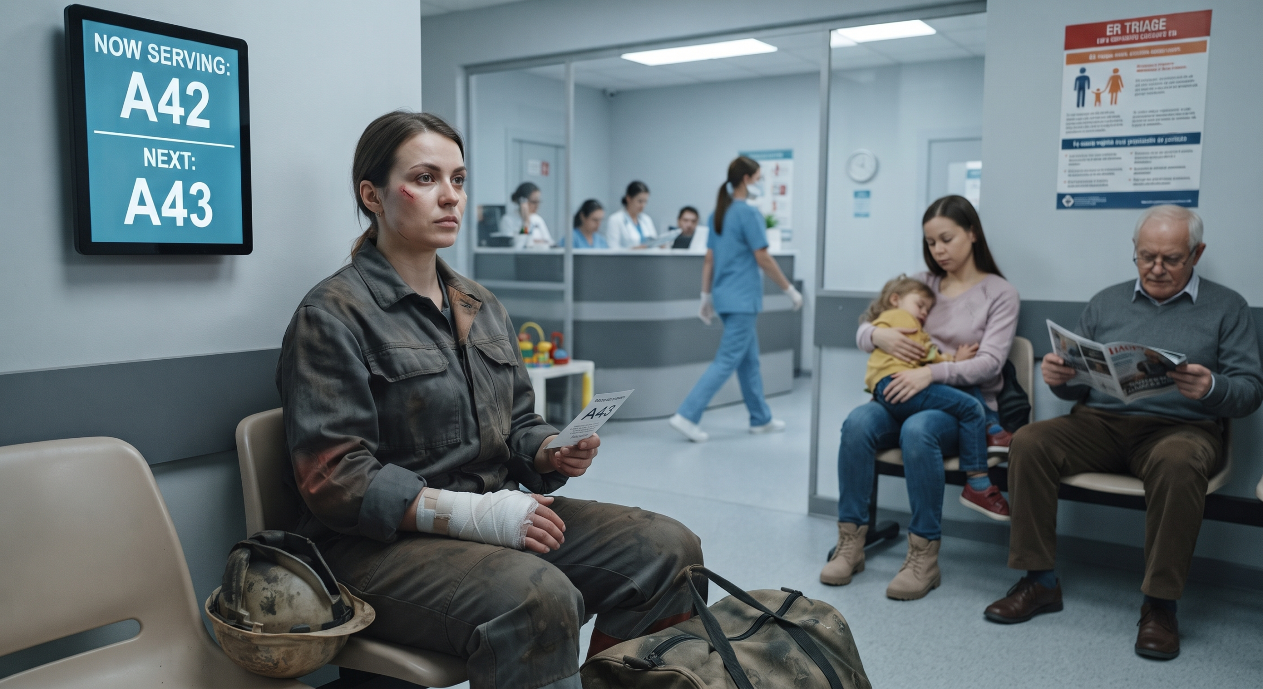 An injured blue-collar worker with a bandaged hand and dirt-stained work clothes sits in a hospital waiting room holding a ticket, with a digital queue board displaying "NEXT: A43" on the wall.