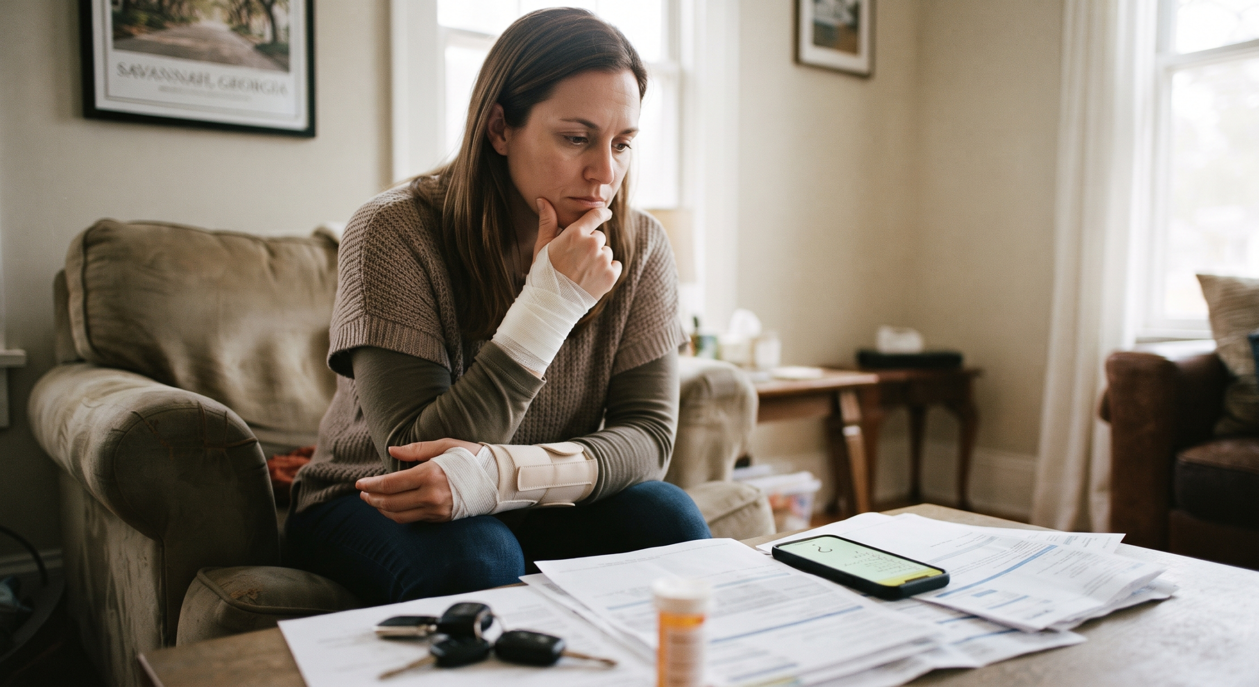 A woman with both hands and wrists wrapped in bandages and braces sits on a living room couch, looking stressed as she stares down at medical bills, a smartphone, car keys, and a prescription bottle on a coffee table.